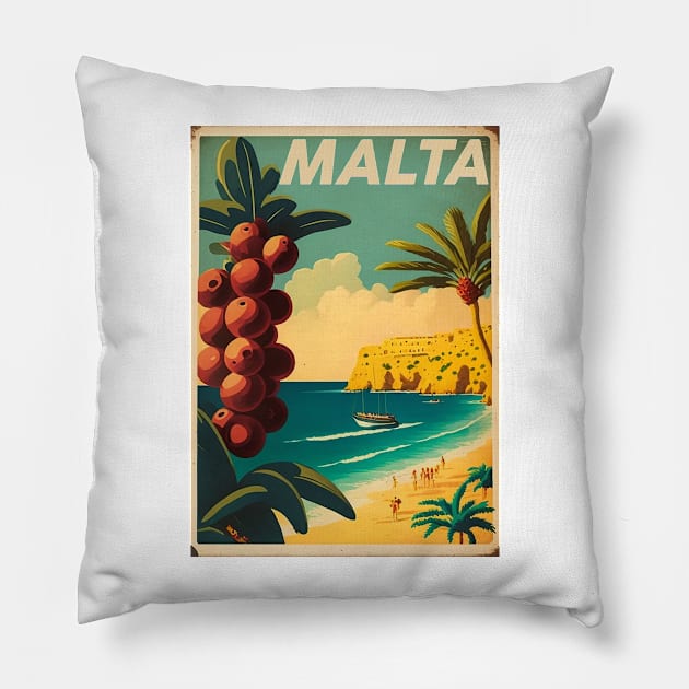 Malta Coastline Vintage Travel Art Poster Pillow by OldTravelArt