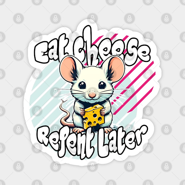 Eat Cheese, Repent Later: Whimsical Mouse in Yellow and Blue Magnet by PopArtyParty