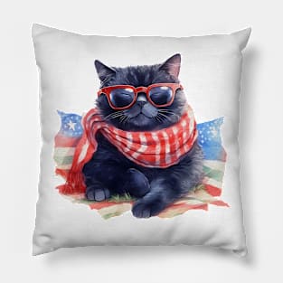 Cool Patriotic Black Cat, 4th of July Design Pillow