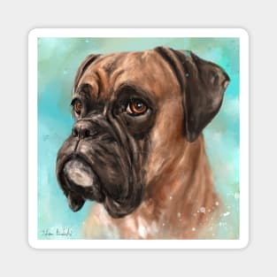 Painting of a Brown Coated Boxer Dog Looking Serious on Light Turquoise Background Magnet