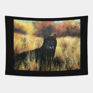 Black Wolf in Fields of Gold Tapestry