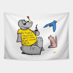 Rebellious Rhino, cartoon rhino with a rebel spirit, and friends Tapestry