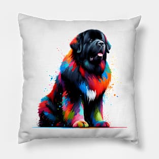 Vibrant Newfoundland Dog in Abstract Splashed Paint Pillow