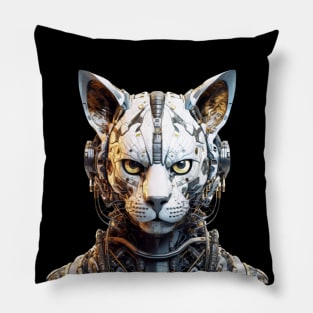 Snowstorm Cyborg - The White Robotic Cat Pillow