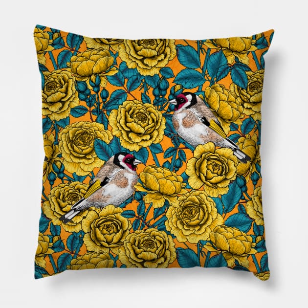 Yellow rose flowers and goldfinch birds Pillow by katerinamk