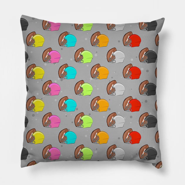 American Football - Colorful Helmets & Ball Pattern on Grey Background Pillow by DesignWood-Sport