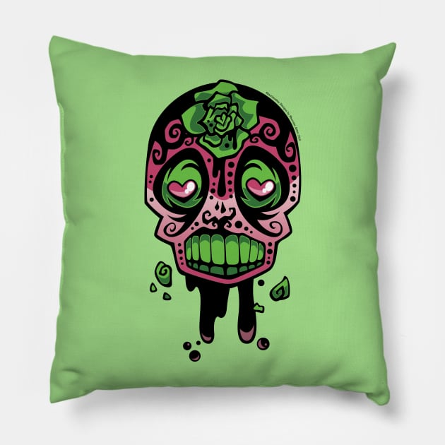 Pink and Green Ink-Rose Skull Pillow by Shanimation