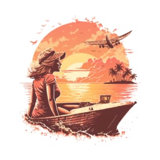 lady on the boat sunset vintage beach T-Shirt