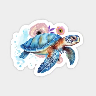 Trendy Watercolor Floral Sea Turtle . Magnet