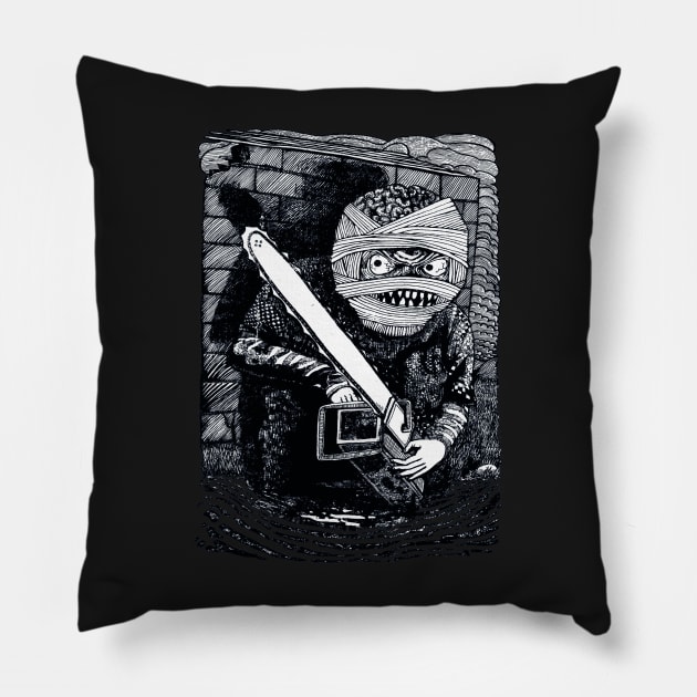 CHAINSAW MUMMY BW Pillow by miskel