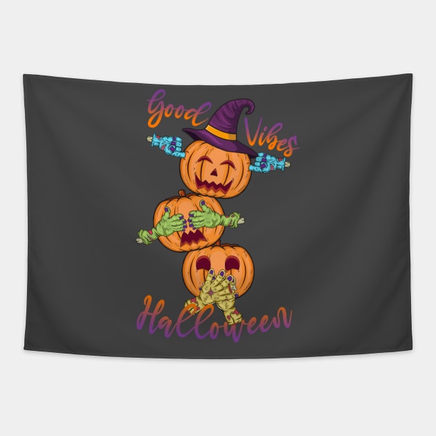 Triple Funny Halloween Pumpkin Head Tapestry by Candaria