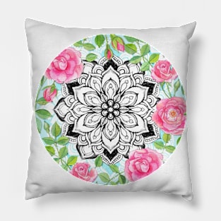 Pink Roses and Mandalas on Sky Blue Lace Pillow