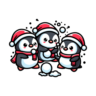 Adorable Cute Penguin Santa Hat Winter Snowball Fight T-Shirt