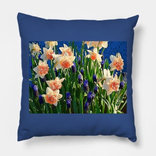 Golden Frilly Daffodils and Blue Grape Hyacinths Pillow