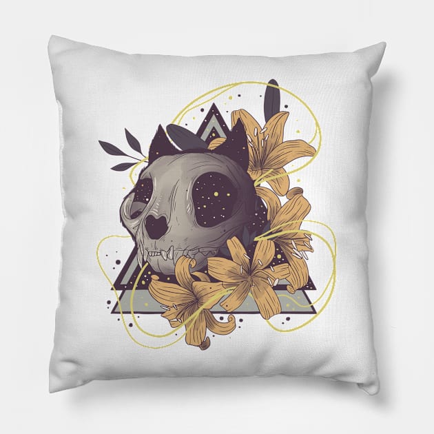 Cat floral skull Pillow by Jess Adams