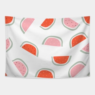 Red and pink watermelon slice with bones design on white background seamless pattern wallpaper backdrop. Tapestry