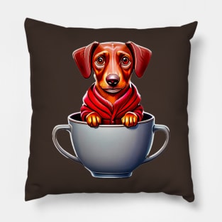 The Cozy Cup Dachshund: Adorable Dog in Red Hoodie Tee Pillow