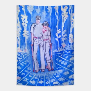 An old couple in the blue garden. Love forever. Tapestry