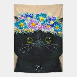 Black Cat With Flower Crown Tapestry