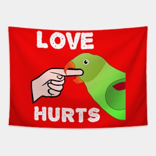 Love Hurts Indian Ringneck Female Parrot Biting Tapestry