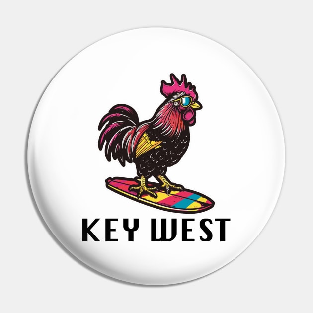 Key West Florida - Surfing Rooster (with Black Lettering) Pin by VelvetRoom