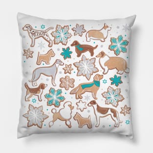 Catching ice and sweetness // spot // white background gingerbread white brown grey and dogs and snowflakes turquoise details Pillow