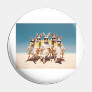 5 Rabbits Sunbathing On Deckchairs One The Beach Wearing Sun Glasses With Bow Ties Pin