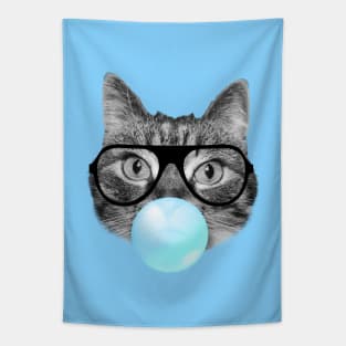 Funny cat blowing a blue bubble gum Tapestry