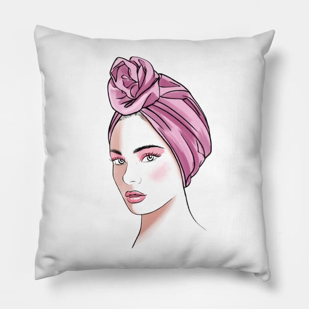 Fashion girl in pink turban Pillow by Kuchinska design