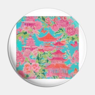 Preppy pink and orange chinoiserie pagoda garden on turquoise Pin