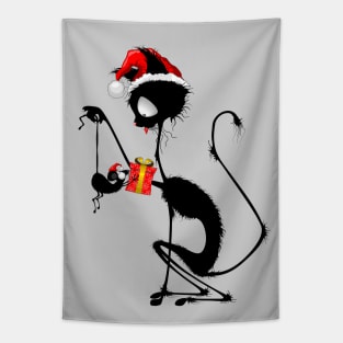 Cat Funny Christmas Santa holding a little Mouse with Gift Tapestry