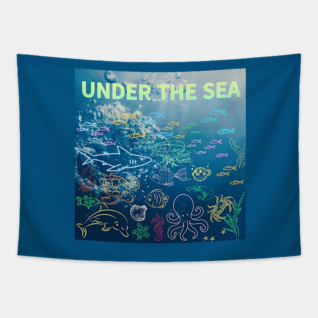 under the sea,blue sea,sea creatures,Turtle, puffer fish, starfish, shrimp, shark, tropical fish, sea horse, seaweed, sardines, squid, crabs, clams Tapestry by zzzozzo