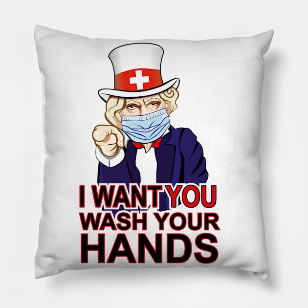 Uncle Sam of UNITED STATES AMERICA. Want you to wash your hands poster design. Coronavirus (COVID-19) protection. Pillow by Agras