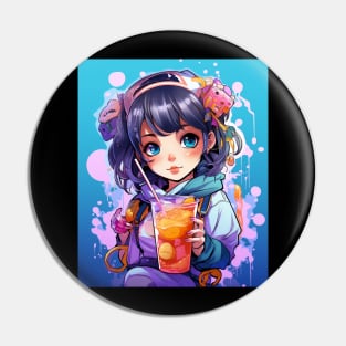 Kawaii Anime Girl Drinking Boba Pin