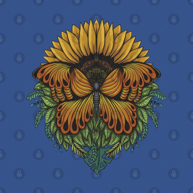 Sunflower Butterfly Hand Drawn by Mako Design 