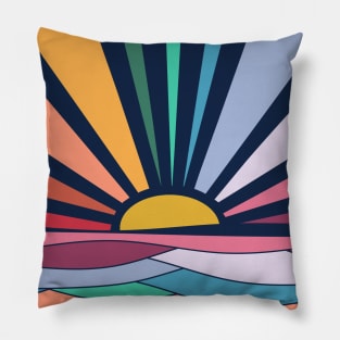 Rainbow Sunrise Sunrays Vintage Boho Sunrise Waves Pillow