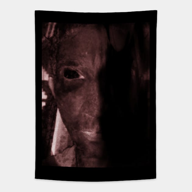 Portrait, digital collage, special processing. Scary face of man. Maniac. Desaturated red. Tapestry by 234TeeUser234