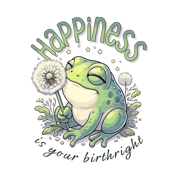 Dandelion Frog With the Motivational Words "Happiness Is Your Birthright" by Quirk Print Studios 