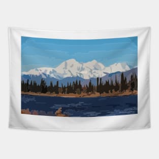 Mount Denali and Lake Vector Painting Tapestry