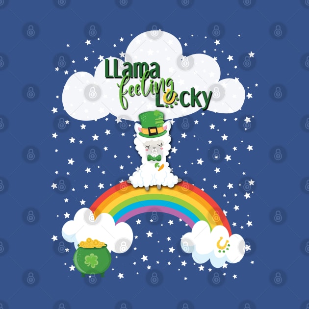 St. Patrick's Day Llama Feeling Lucky , Rainbow, Clouds & Stars on Green by karenmcfarland13