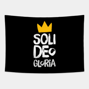 Soli Deo Gloria (All the Glory to God) distressed white text and yellow crown Tapestry