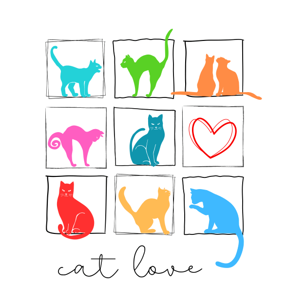 Nine colorful cats in square frame and one heart by Artpassion