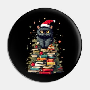 Christmas Cat Books Tree watercolor Pin