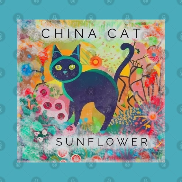 China Cat Sunflower Colorful Cartoon kitty with flowers by Aurora X