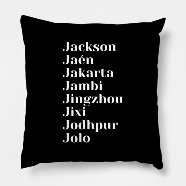 Cities starting with the letter, J, Mug, Mask, Pin, Notebook Pillow by DeniseMorgan