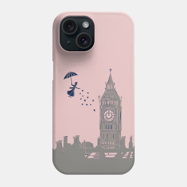 Mary Poppins Flying over Big Ben Linocut in Pink and Grey Phone Case by Maddybennettart