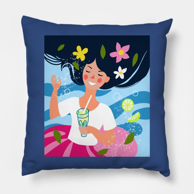 cartoon girl on the background of the sea drinks a mojito cocktail in summer cartoon girl on the background of the sea drinks a mojito cocktail in summer Pillow by sonaart