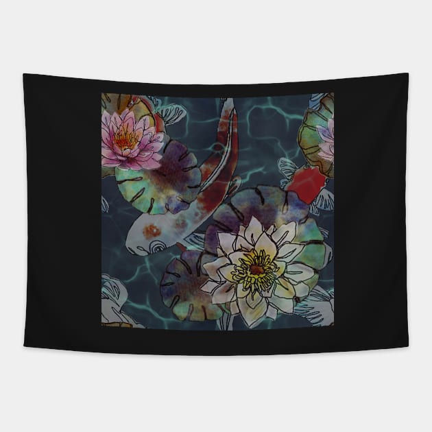 Lotus flowers Dark Blue Koi Fish Tapestry by ArtInPi