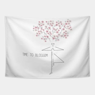 Cartoon drawing of a blooming tree practicing yoga Tapestry