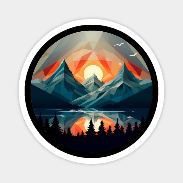 Geometric mountains, beautiful sunset Magnet by Unelmoija